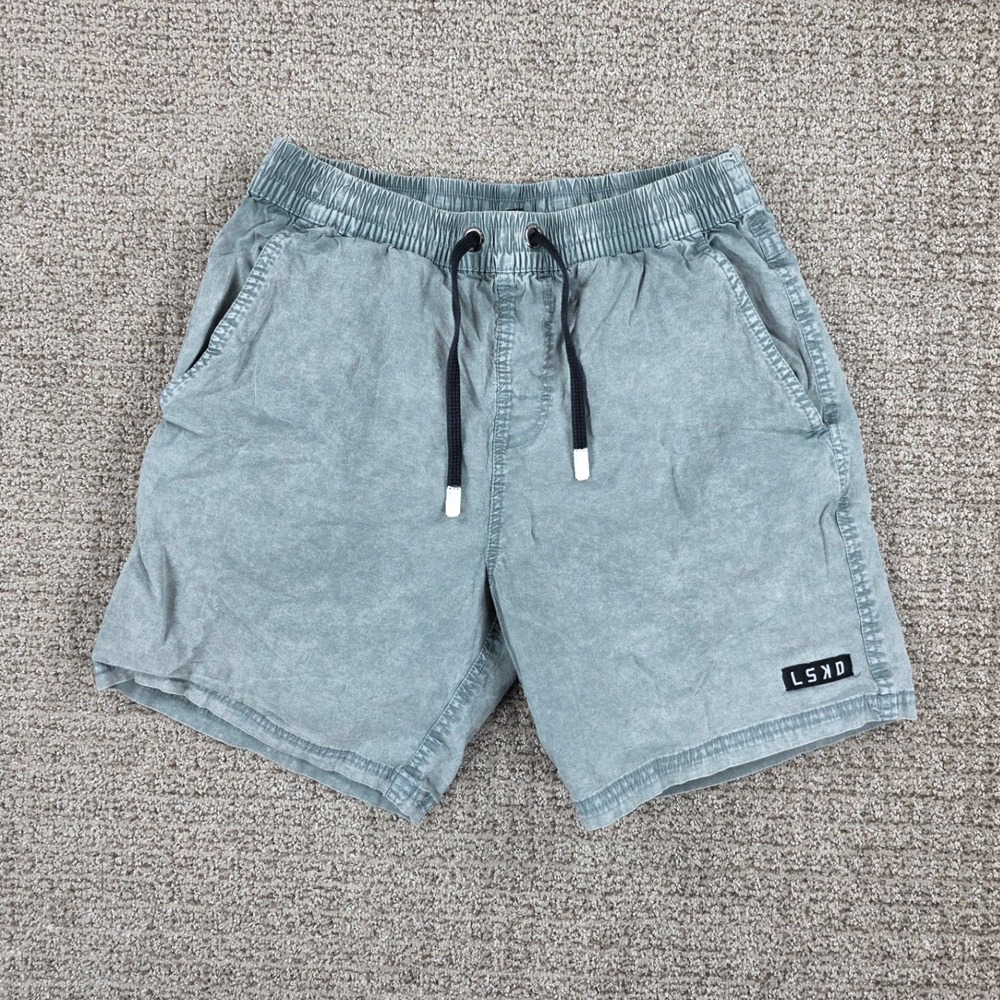 LSKD Mens Small Green Acid Wash Elastic Waist Drawstring Shorts Pockets Cotton